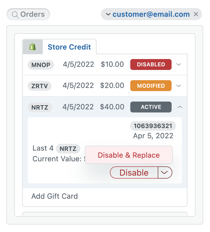 Customer Gift Card Modify - Shopify