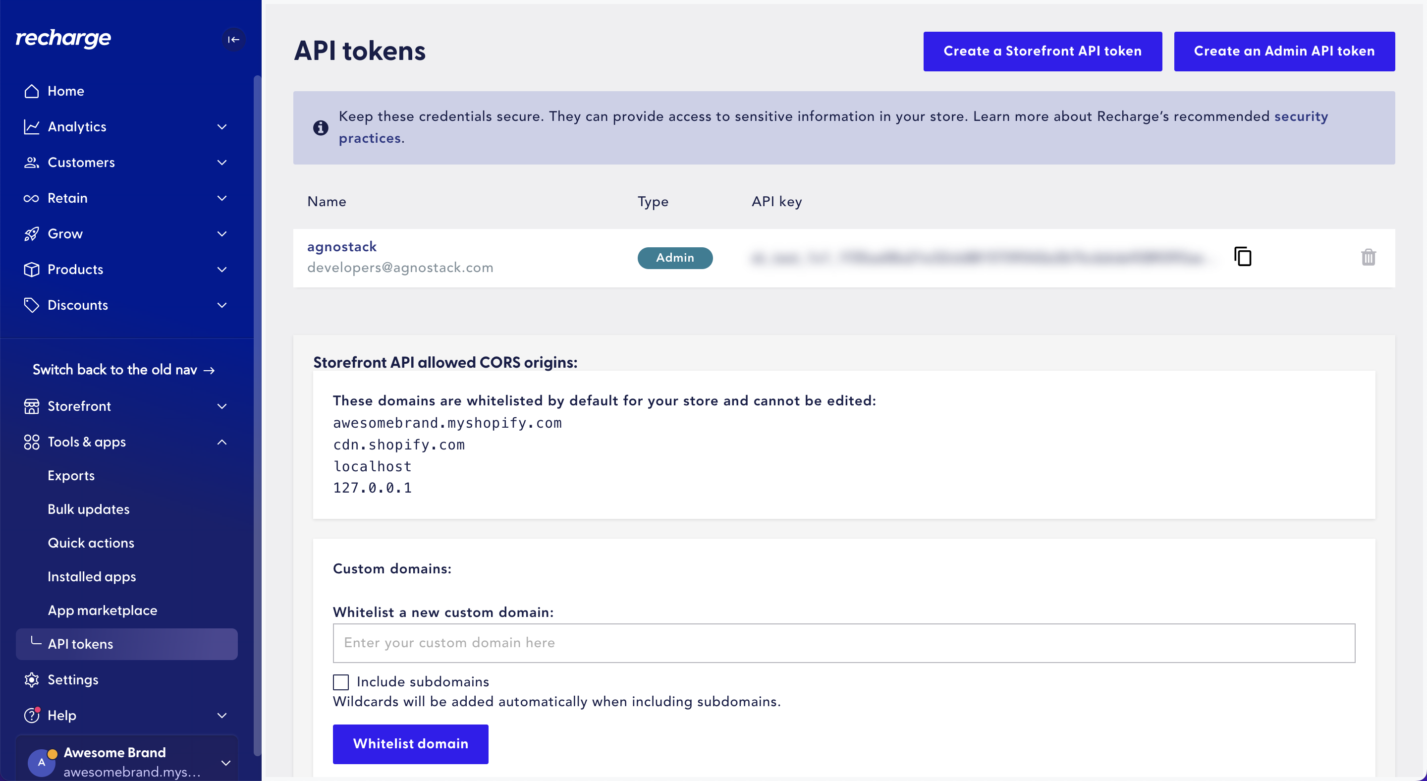 Onboarding: Copy Recharge API Token