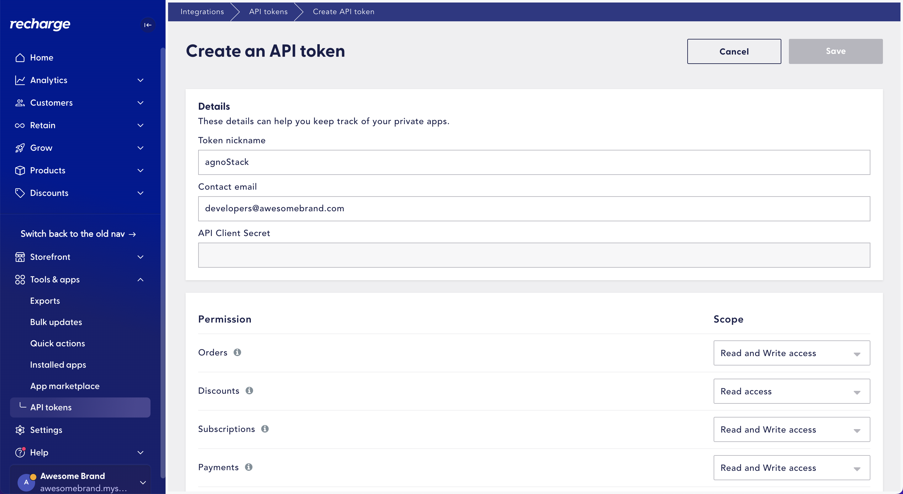 Onboarding: Recharge Create API Token