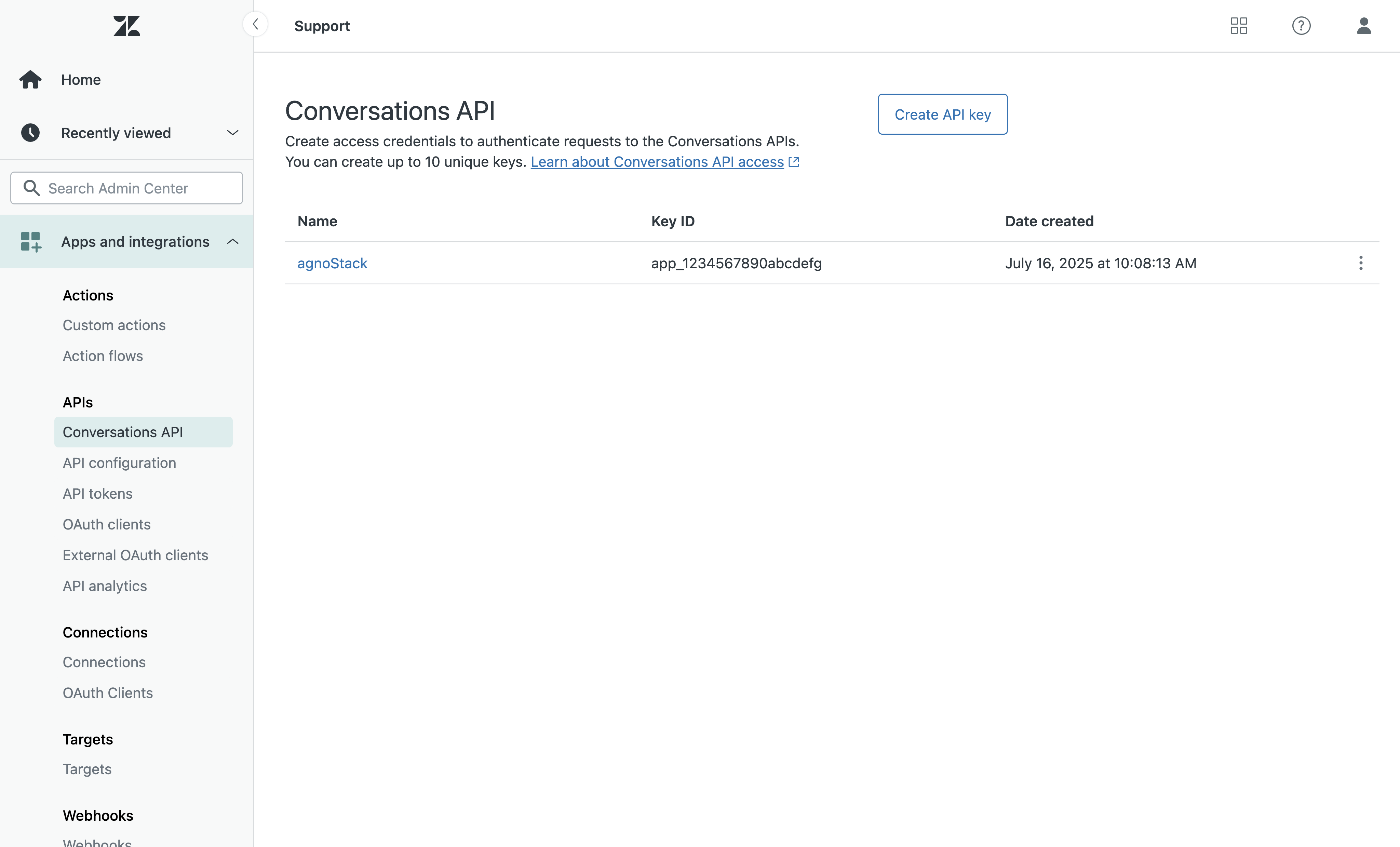 Zendesk Conversations: Create API Key