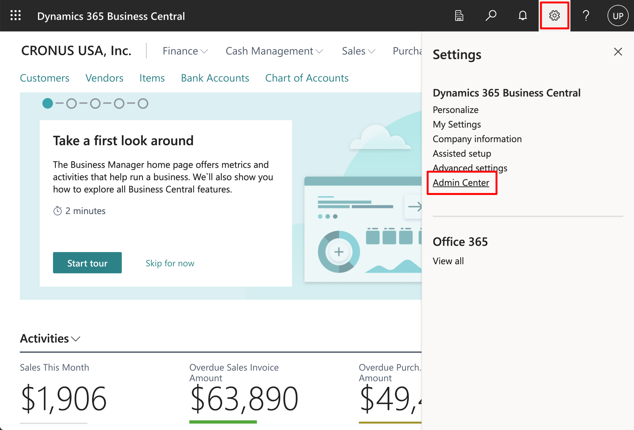 Onboarding: Microsoft Dynamics Business Central - Settings Menu