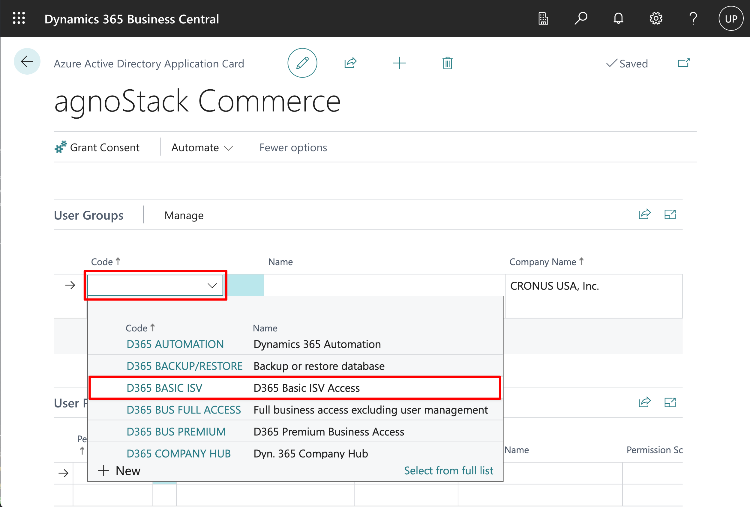 Onboarding: Microsoft Dynamics Business Central - Application Permissions Menu