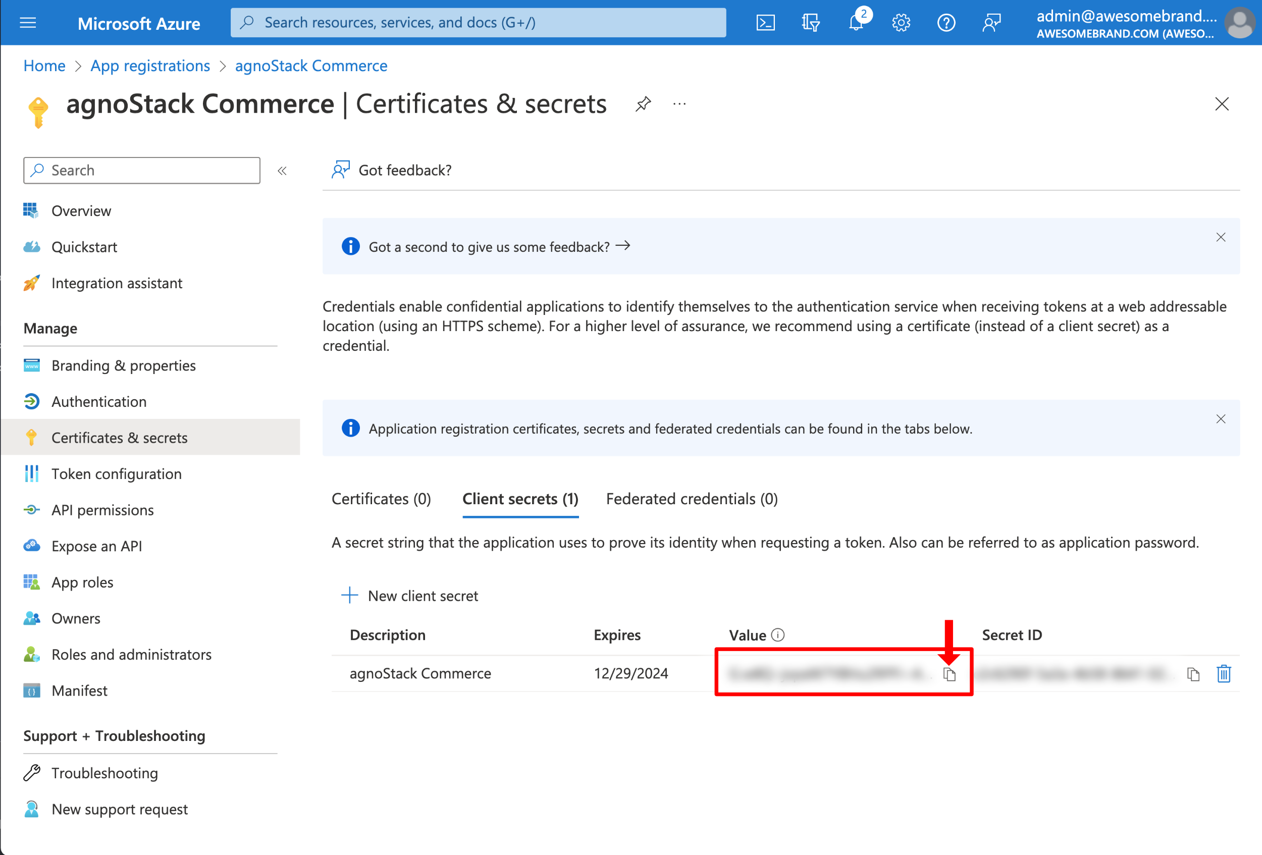 Onboarding: Microsoft Dynamics Business Central - Copy client secret